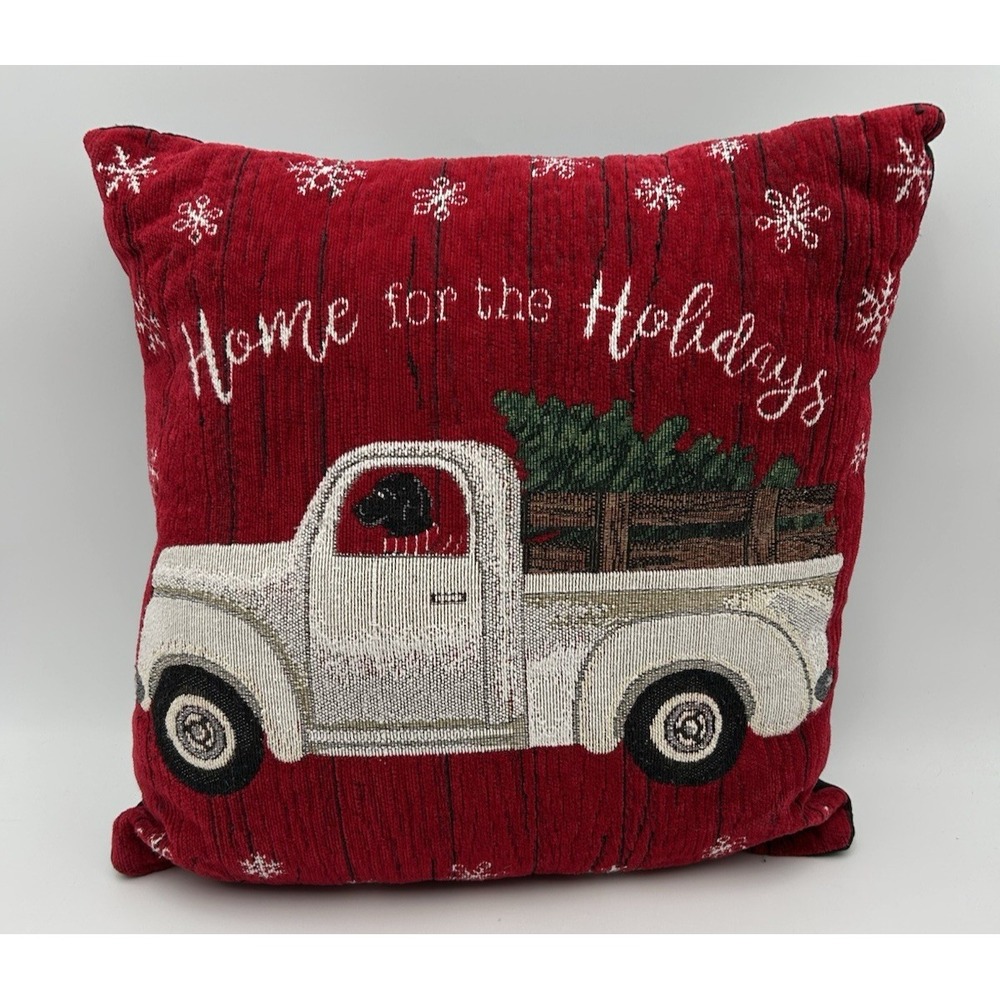 Christmas Tapestry Pillow " Home For The Holidays" White Pick Up Truck Black Dog